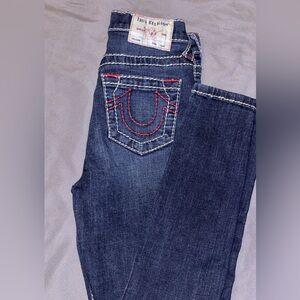 True Religion Dark Blue Skinny Jeans with Red/White Stitching